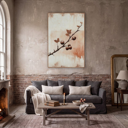 Rust Oak Branch Dark Academia wall art in a moody dark academia room – dark oak branch with five glossy brown nuts