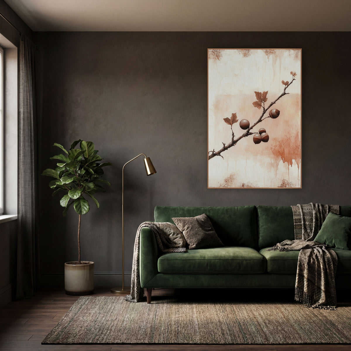 Rust Oak Branch Dark Academia wall art in a moody dark academia room – dark oak branch with five glossy brown nuts