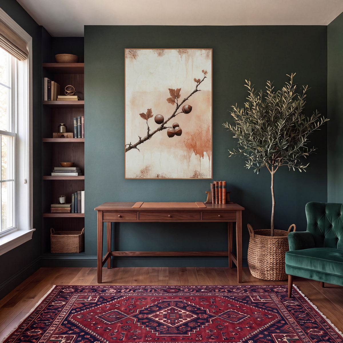 Rust Oak Branch Dark Academia wall art in a moody dark academia room – dark oak branch with five glossy brown nuts