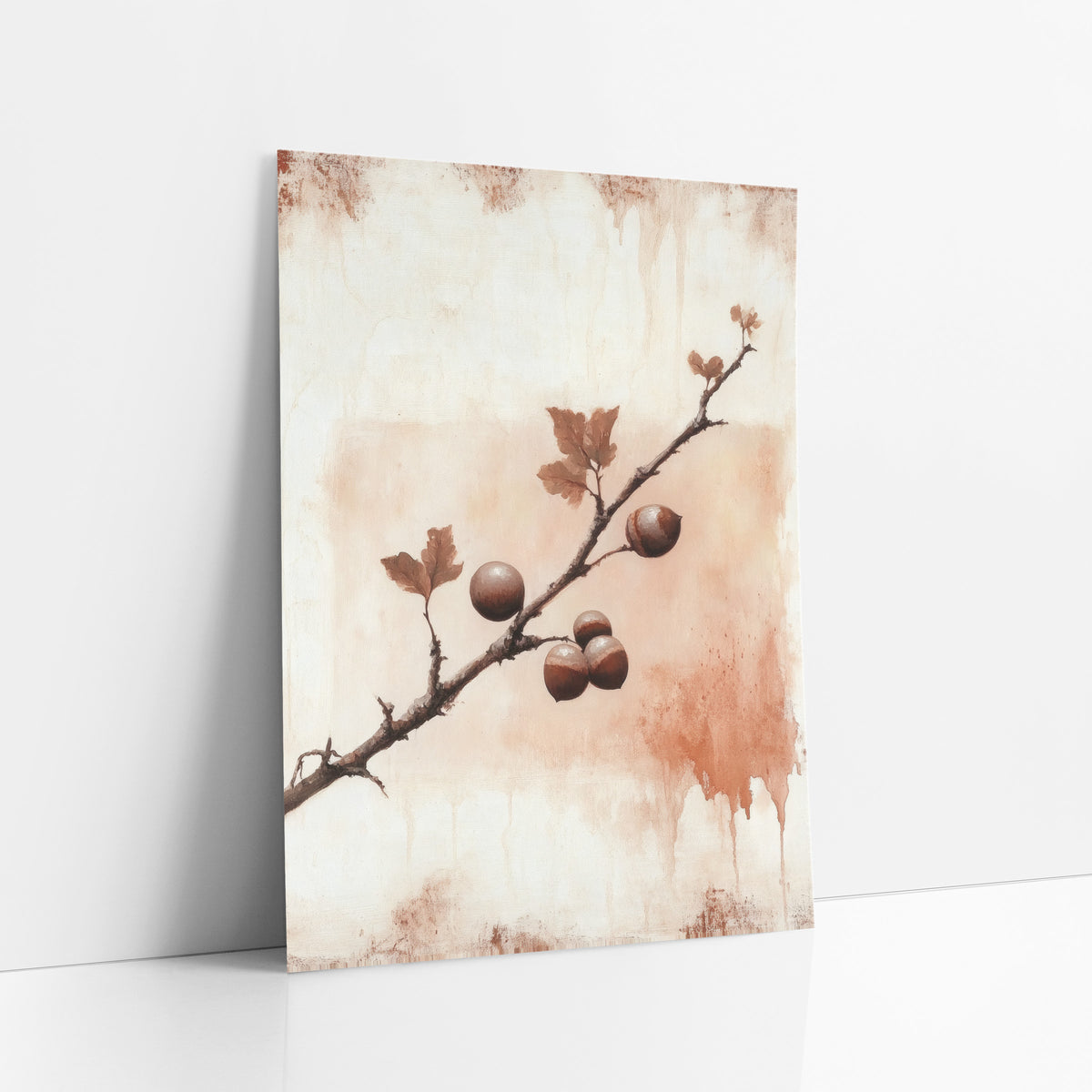 Rust Oak Branch Dark Academia art print leaning against a white wall – dark oak branch with five glossy brown nuts and rust
