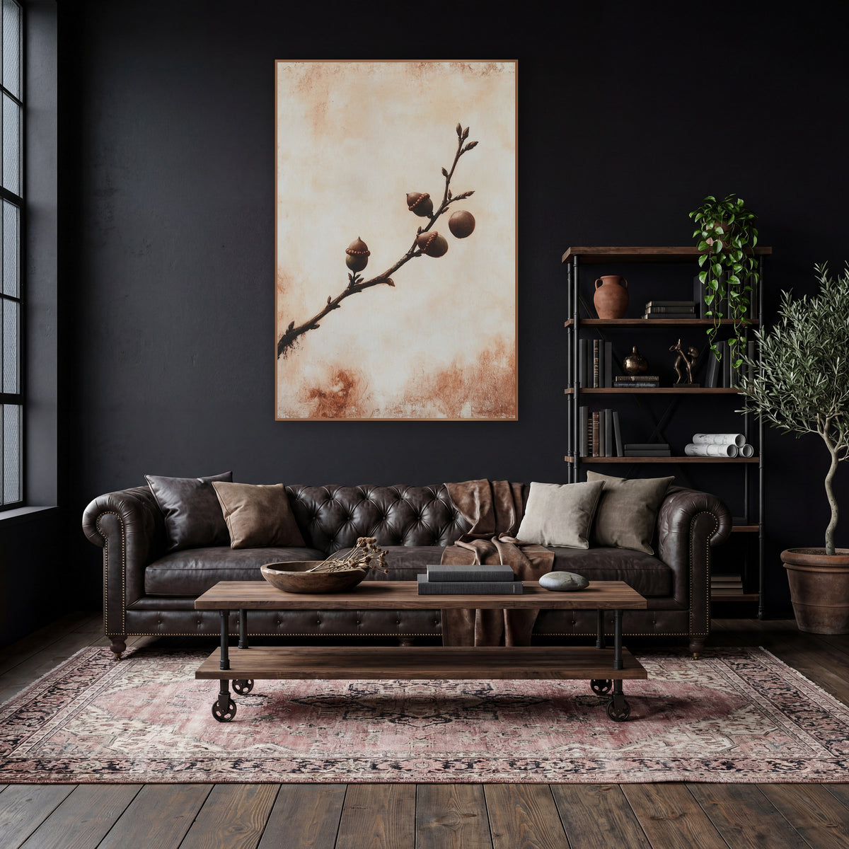 Rust Oak Branch Acorn Botanical wall art in a moody dark academia room – dark oak branch with three capped acorns