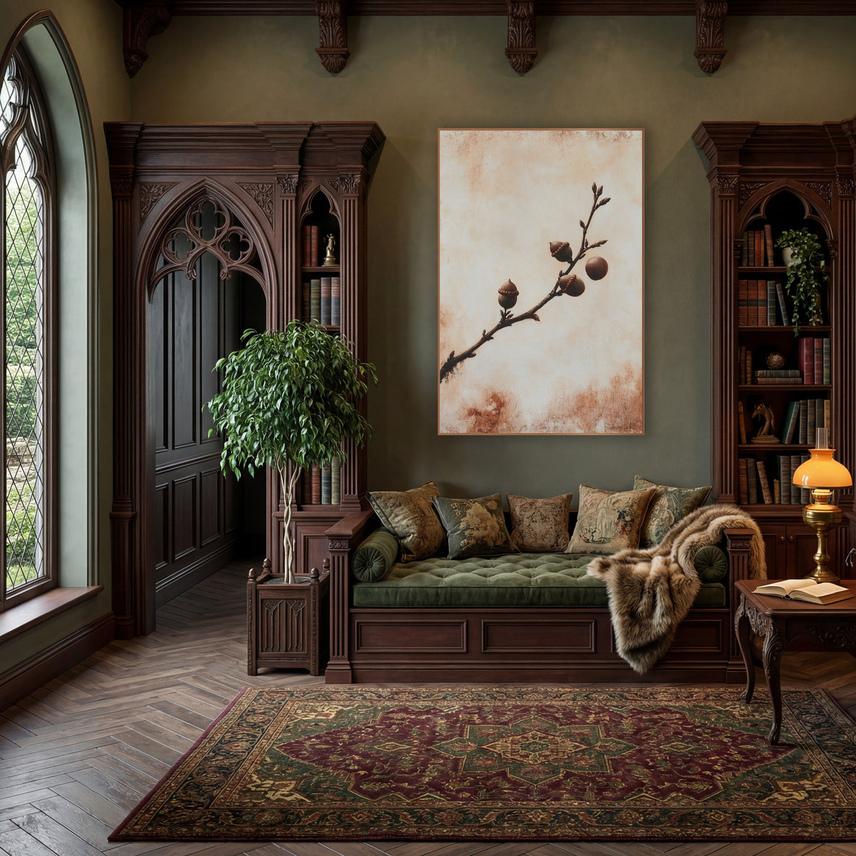 Rust Oak Branch Acorn Botanical wall art in a moody dark academia room – dark oak branch with three capped acorns