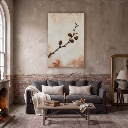 Rust Oak Branch Acorn Botanical wall art in a moody dark academia room – dark oak branch with three capped acorns