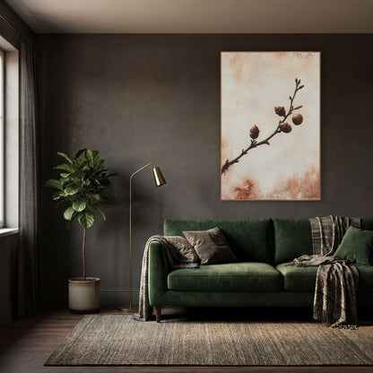 Rust Oak Branch Acorn Botanical wall art in a moody dark academia room – dark oak branch with three capped acorns