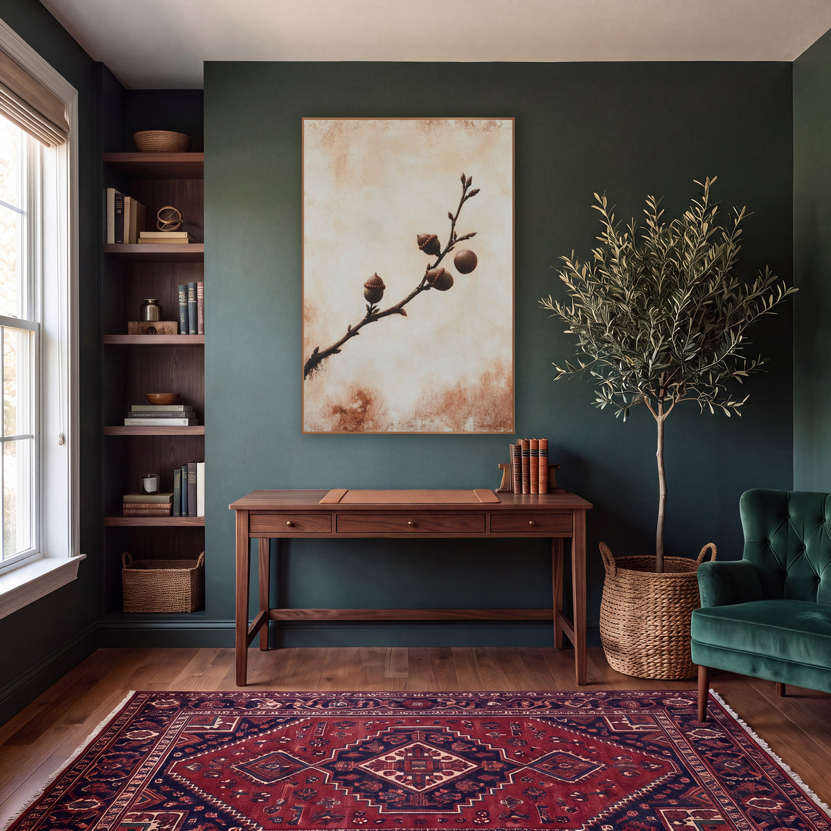Rust Oak Branch Acorn Botanical wall art in a moody dark academia room – dark oak branch with three capped acorns