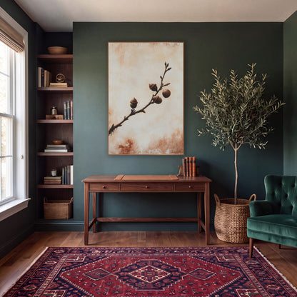 Rust Oak Branch Acorn Botanical wall art in a moody dark academia room – dark oak branch with three capped acorns
