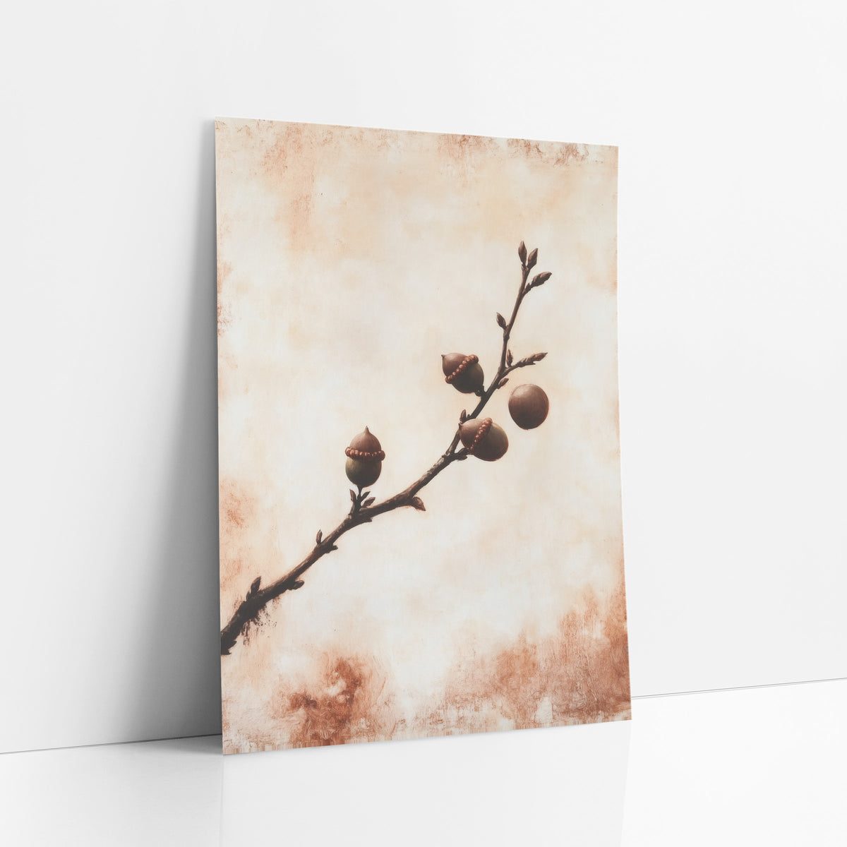 Rust Oak Branch Acorn Botanical art print leaning against a white wall – dark oak branch with three capped acorns and a round