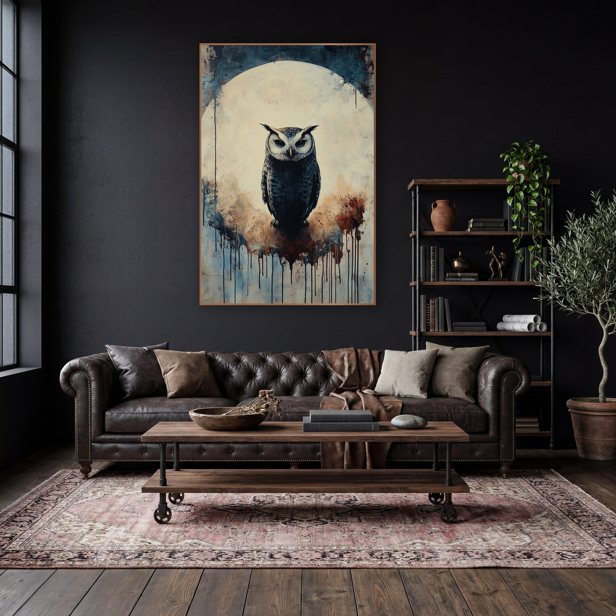 Moonlit Owl Silhouette Dark Academia wall art in a moody dark academia room – dark owl with white face and ear tufts