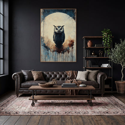Moonlit Owl Silhouette Dark Academia wall art in a moody dark academia room – dark owl with white face and ear tufts