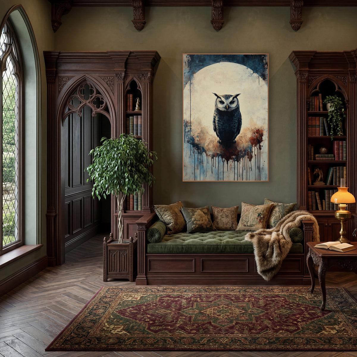 Moonlit Owl Silhouette Dark Academia wall art in a moody dark academia room – dark owl with white face and ear tufts