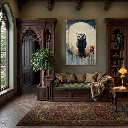 Moonlit Owl Silhouette Dark Academia wall art in a moody dark academia room – dark owl with white face and ear tufts