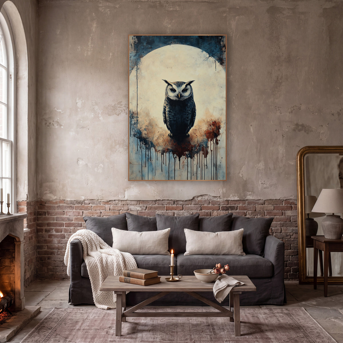 Moonlit Owl Silhouette Dark Academia wall art in a moody dark academia room – dark owl with white face and ear tufts