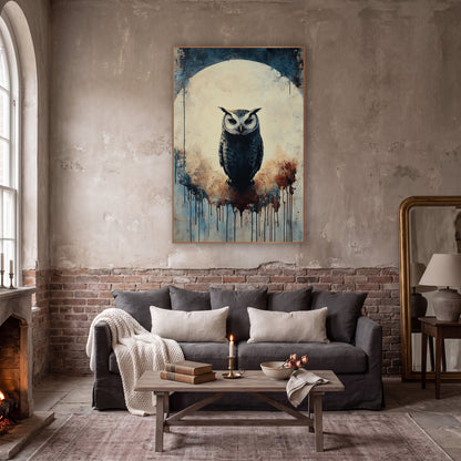 Moonlit Owl Silhouette Dark Academia wall art in a moody dark academia room – dark owl with white face and ear tufts