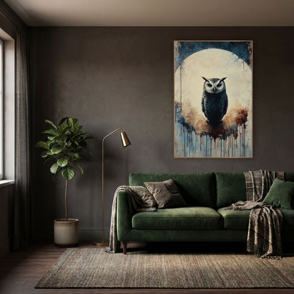 Moonlit Owl Silhouette Dark Academia wall art in a moody dark academia room – dark owl with white face and ear tufts