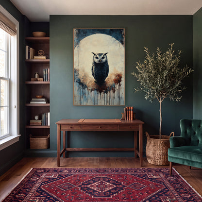 Moonlit Owl Silhouette Dark Academia wall art in a moody dark academia room – dark owl with white face and ear tufts