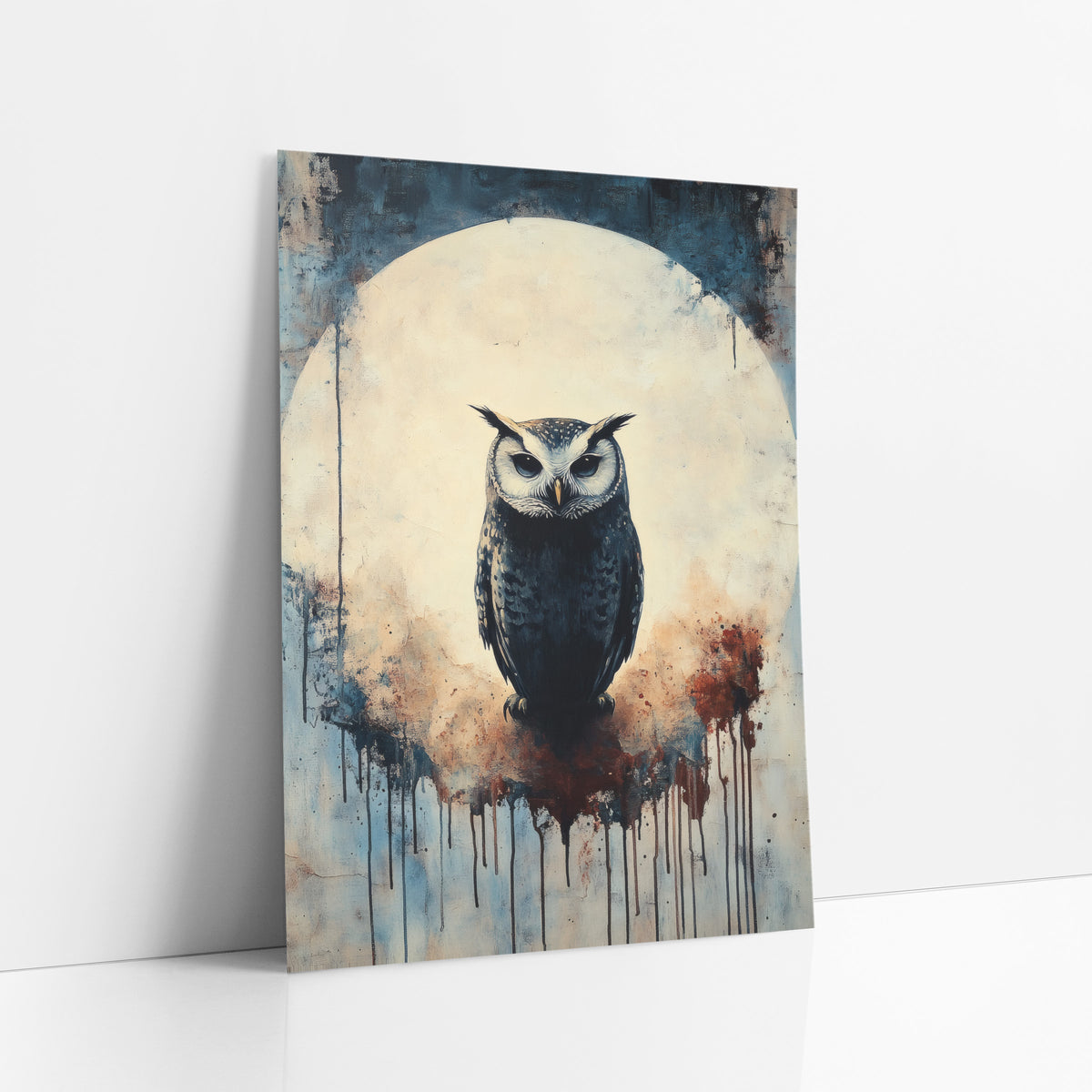 Moonlit Owl Silhouette Dark Academia art print leaning against a white wall – dark owl with white face and ear tufts perched
