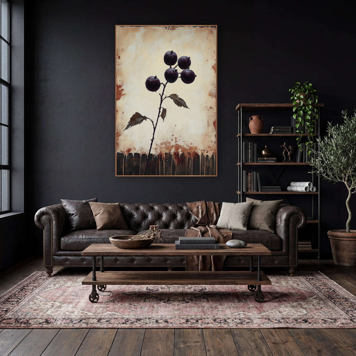 Plum Berry Branch Dark Academia wall art in a moody dark academia room – branch with five glossy dark purple berries