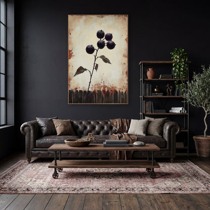 Plum Berry Branch Dark Academia wall art in a moody dark academia room – branch with five glossy dark purple berries