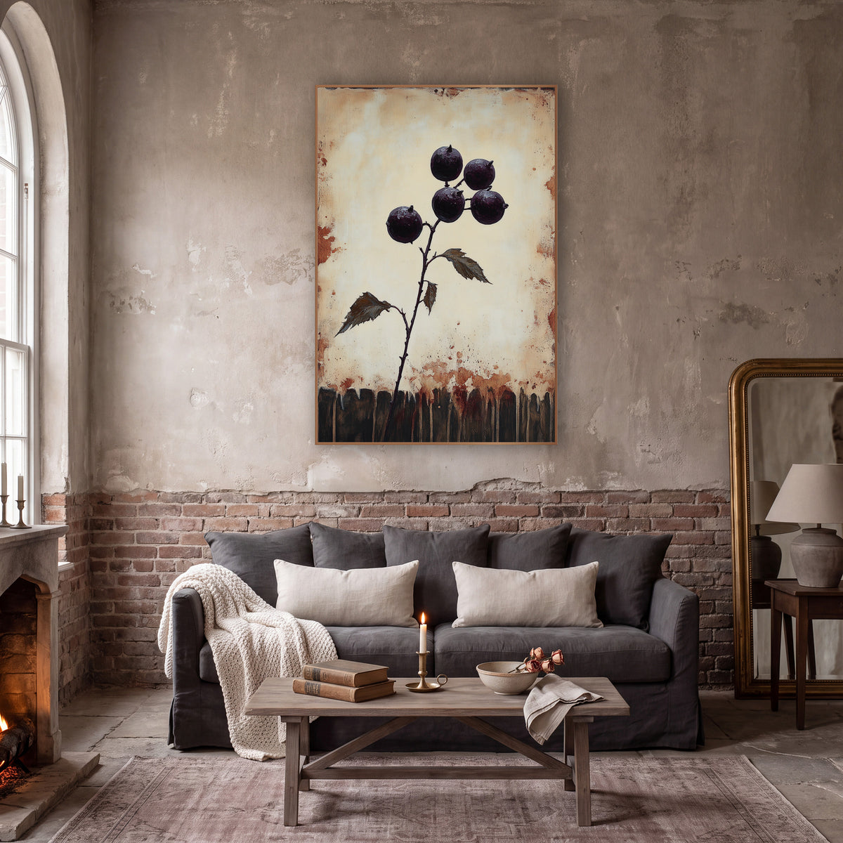 Plum Berry Branch Dark Academia wall art in a moody dark academia room – branch with five glossy dark purple berries