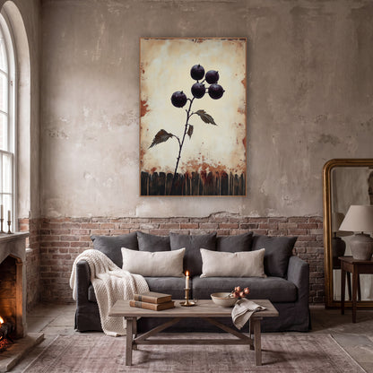 Plum Berry Branch Dark Academia wall art in a moody dark academia room – branch with five glossy dark purple berries