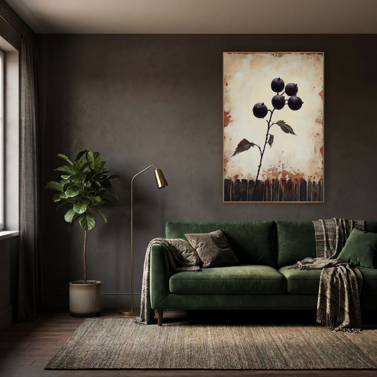 Plum Berry Branch Dark Academia wall art in a moody dark academia room – branch with five glossy dark purple berries