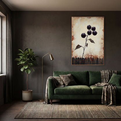 Plum Berry Branch Dark Academia wall art in a moody dark academia room – branch with five glossy dark purple berries