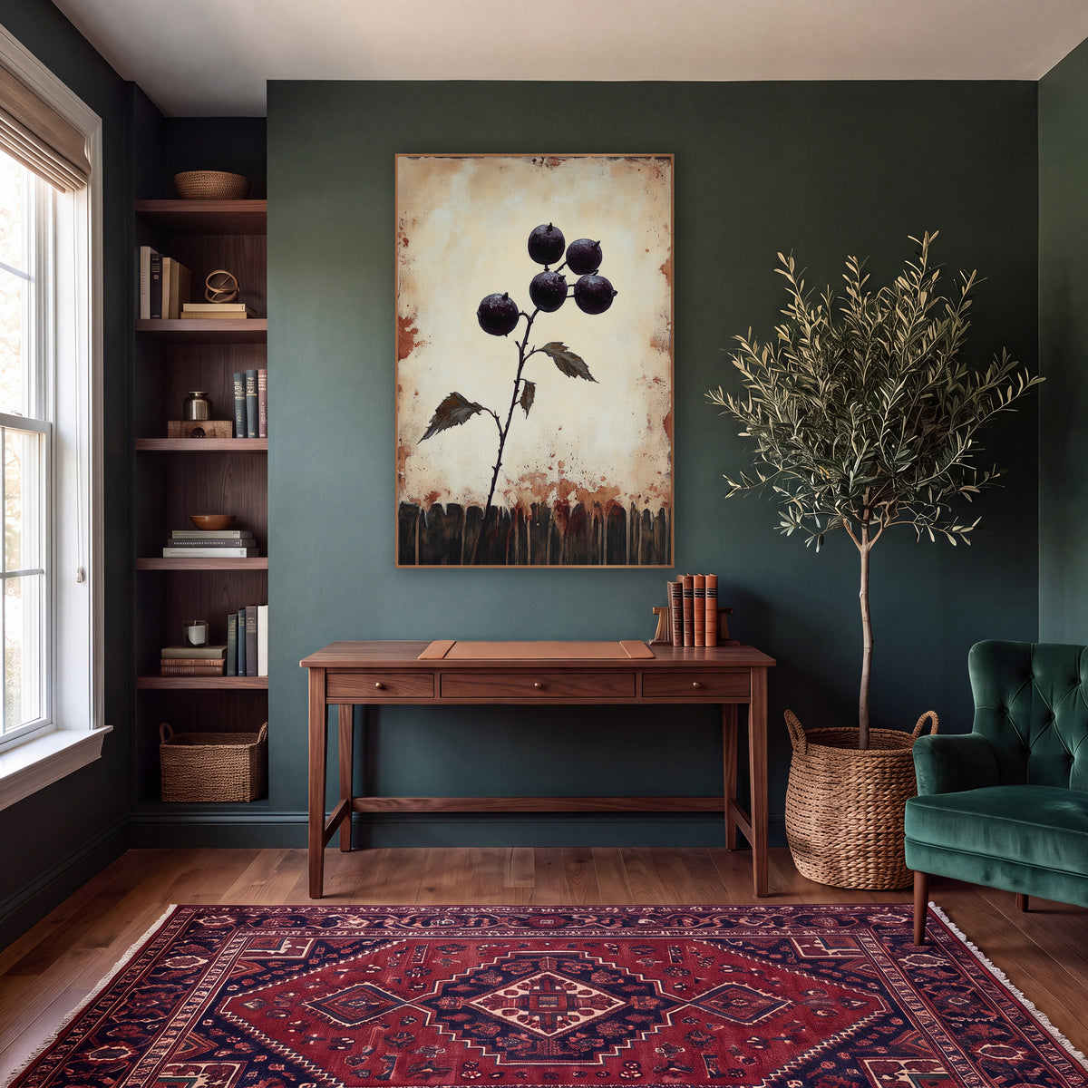 Plum Berry Branch Dark Academia wall art in a moody dark academia room – branch with five glossy dark purple berries