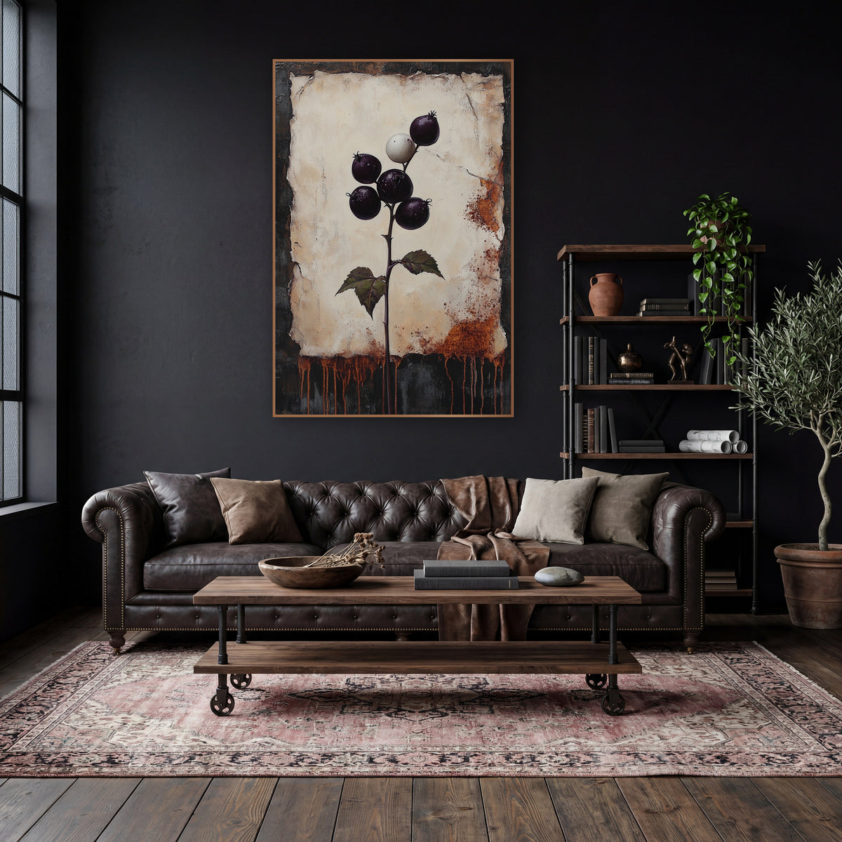 Dark Plum Berry Stem Botanical wall art in a moody dark academia room – dark plum berries and one white berry