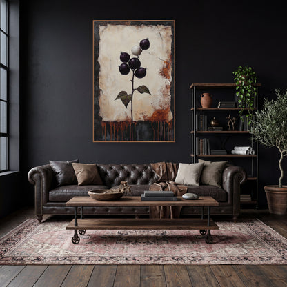 Dark Plum Berry Stem Botanical wall art in a moody dark academia room – dark plum berries and one white berry