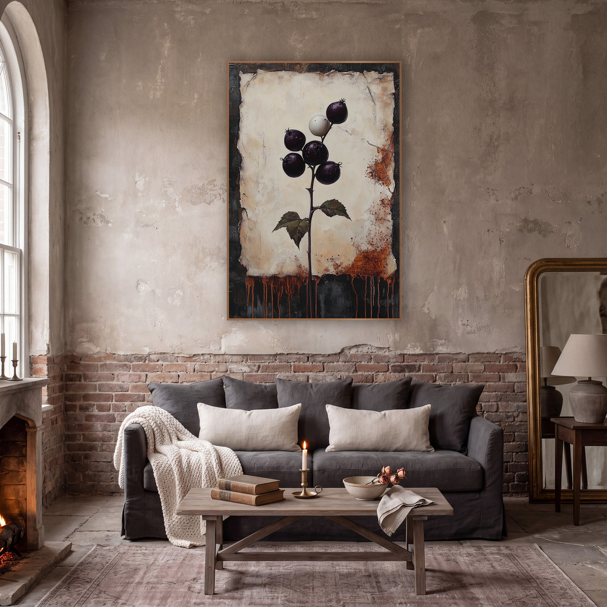 Dark Plum Berry Stem Botanical wall art in a moody dark academia room – dark plum berries and one white berry