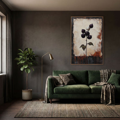 Dark Plum Berry Stem Botanical wall art in a moody dark academia room – dark plum berries and one white berry