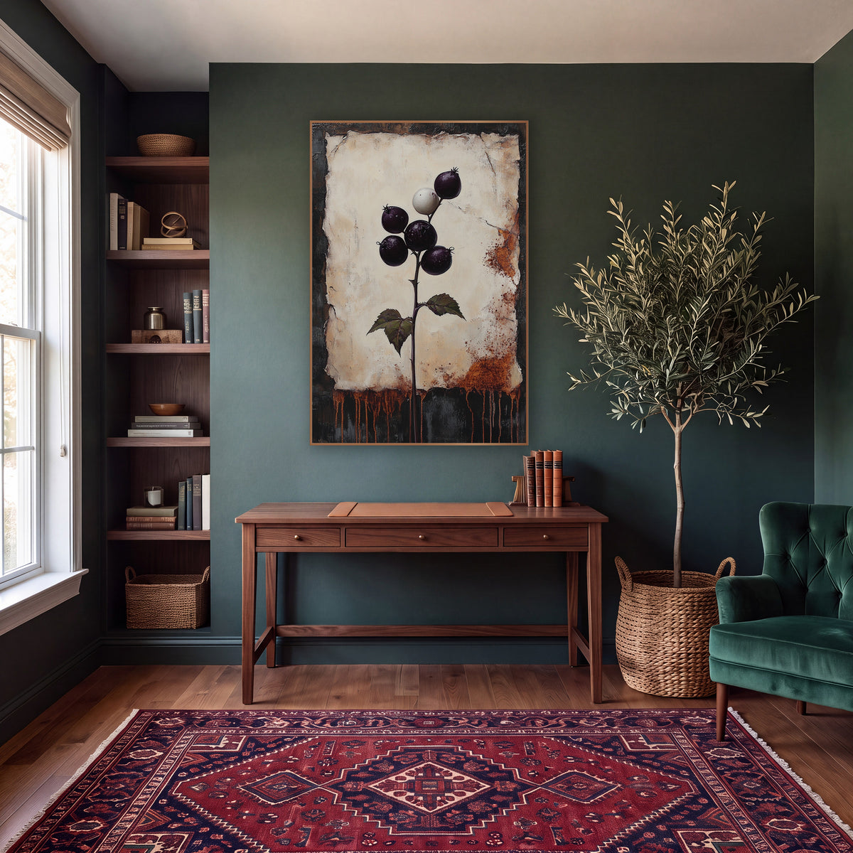 Dark Plum Berry Stem Botanical wall art in a moody dark academia room – dark plum berries and one white berry