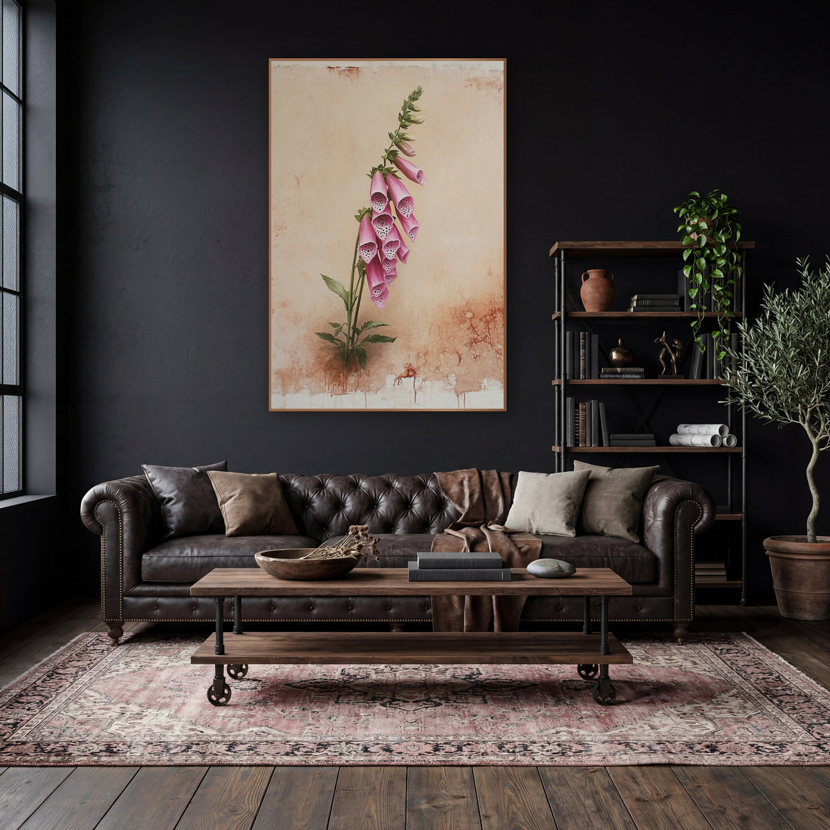 Leaning Pink Foxglove Cottage wall art in a moody dark academia room – pink foxglove stem with spotted bell flowers