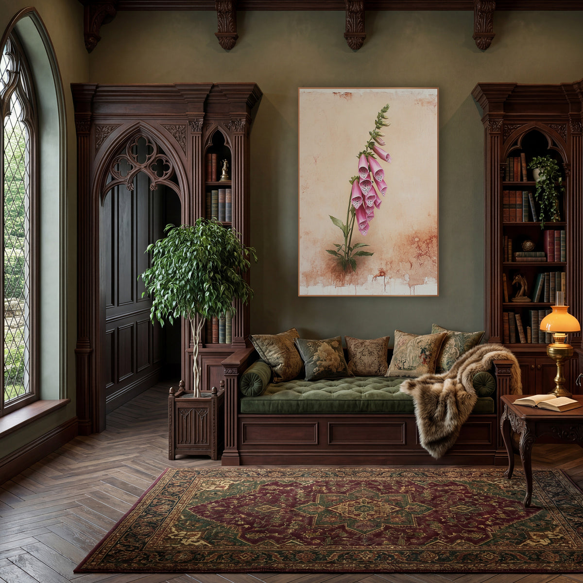 Leaning Pink Foxglove Cottage wall art in a moody dark academia room – pink foxglove stem with spotted bell flowers