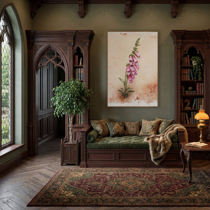 Leaning Pink Foxglove Cottage wall art in a moody dark academia room – pink foxglove stem with spotted bell flowers