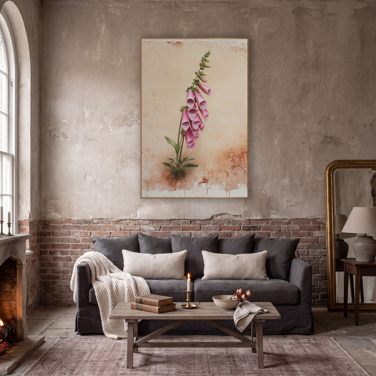 Leaning Pink Foxglove Cottage wall art in a moody dark academia room – pink foxglove stem with spotted bell flowers