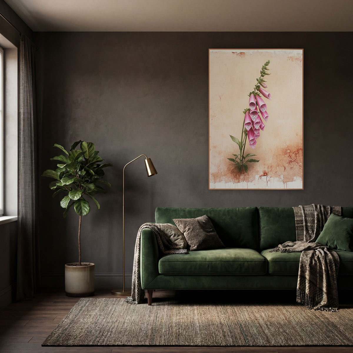Leaning Pink Foxglove Cottage wall art in a moody dark academia room – pink foxglove stem with spotted bell flowers