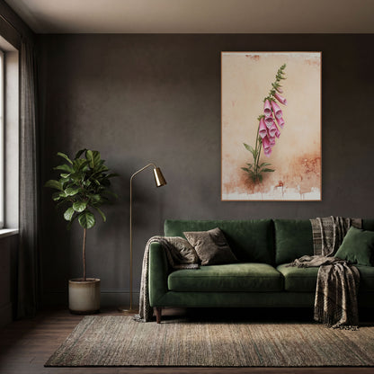 Leaning Pink Foxglove Cottage wall art in a moody dark academia room – pink foxglove stem with spotted bell flowers