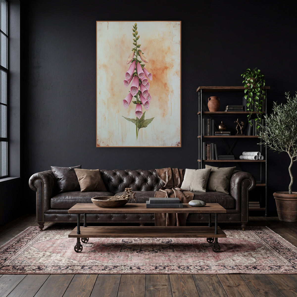 Upright Blush Foxglove Spire Vintage wall art in a moody dark academia room – tall pink foxglove stem with dotted bell