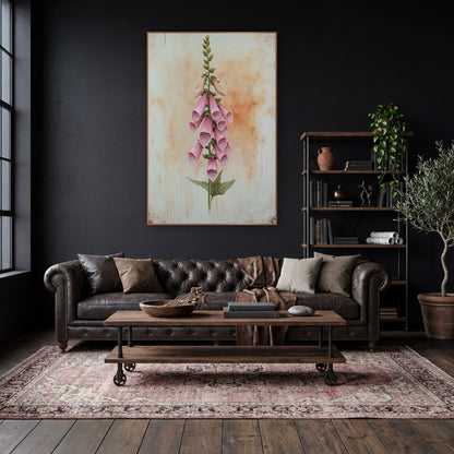 Upright Blush Foxglove Spire Vintage wall art in a moody dark academia room – tall pink foxglove stem with dotted bell