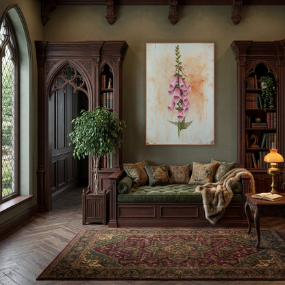 Upright Blush Foxglove Spire Vintage wall art in a moody dark academia room – tall pink foxglove stem with dotted bell
