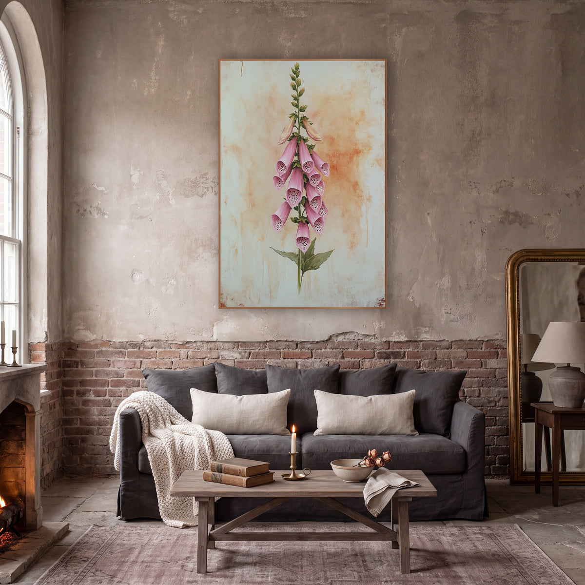 Upright Blush Foxglove Spire Vintage wall art in a moody dark academia room – tall pink foxglove stem with dotted bell