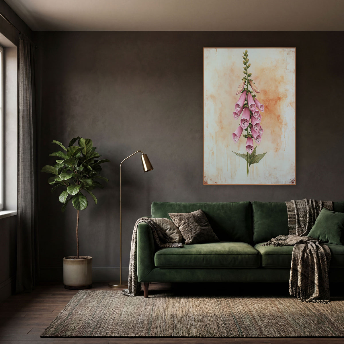Upright Blush Foxglove Spire Vintage wall art in a moody dark academia room – tall pink foxglove stem with dotted bell
