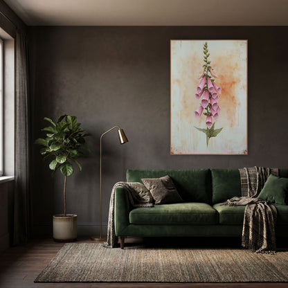 Upright Blush Foxglove Spire Vintage wall art in a moody dark academia room – tall pink foxglove stem with dotted bell