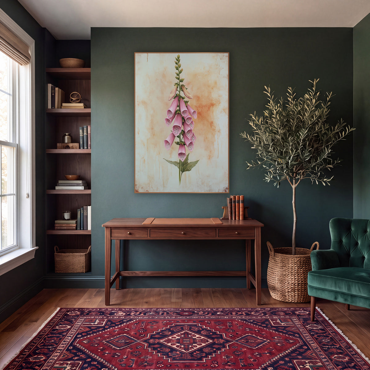 Upright Blush Foxglove Spire Vintage wall art in a moody dark academia room – tall pink foxglove stem with dotted bell
