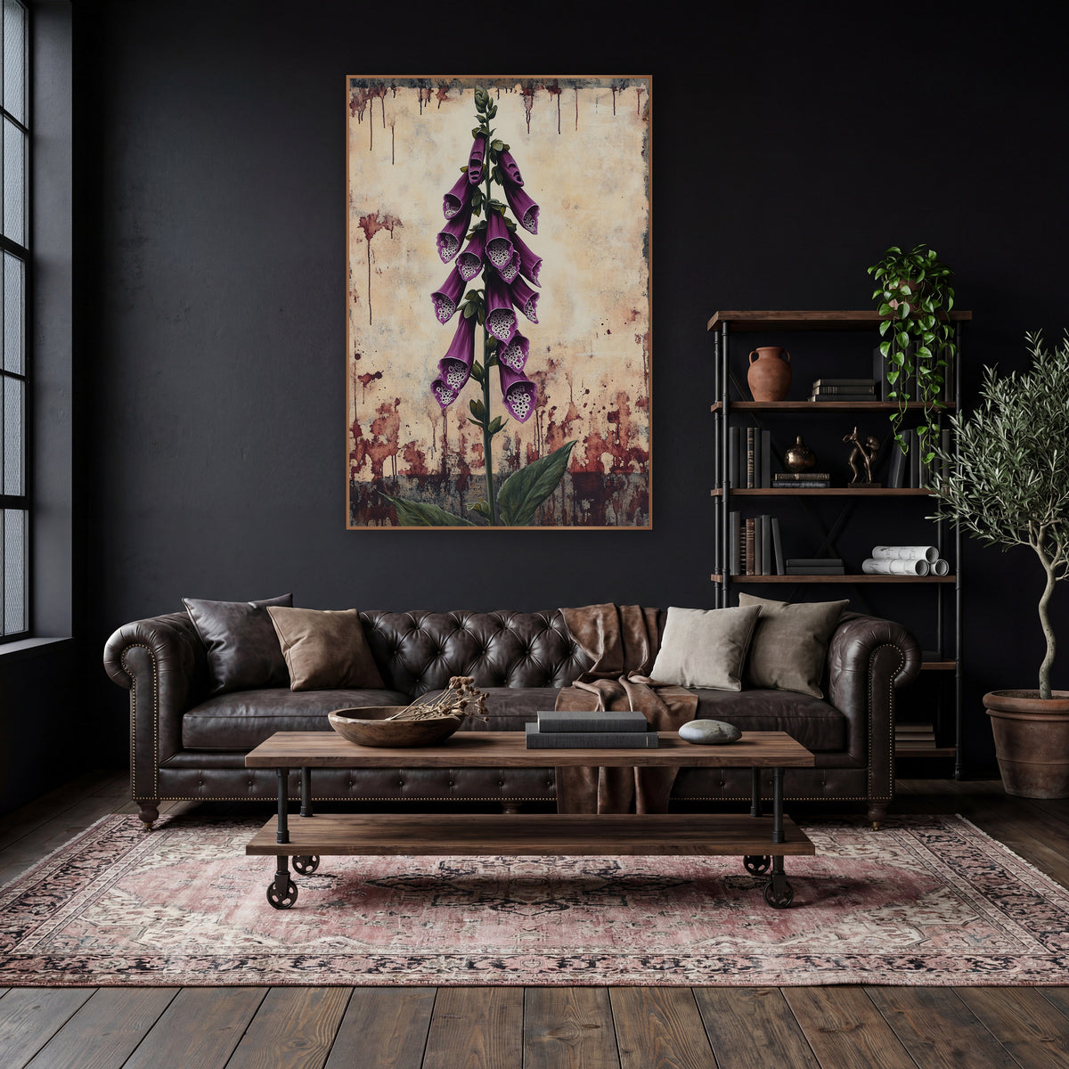 Dripping Foxglove Spire Gothic wall art in a moody dark academia room – tall purple foxglove stem with spotted bell