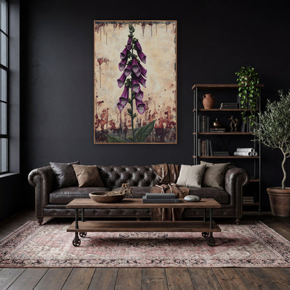 Dripping Foxglove Spire Gothic wall art in a moody dark academia room – tall purple foxglove stem with spotted bell