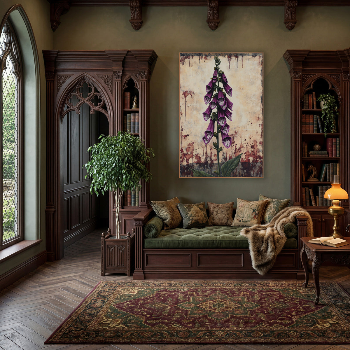 Dripping Foxglove Spire Gothic wall art in a moody dark academia room – tall purple foxglove stem with spotted bell