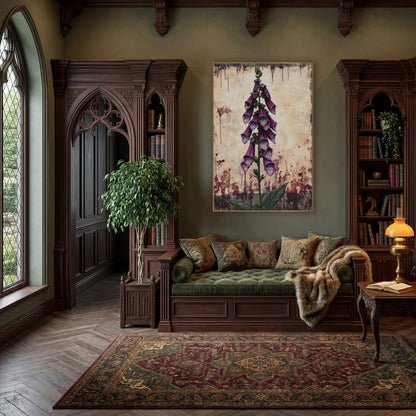 Dripping Foxglove Spire Gothic wall art in a moody dark academia room – tall purple foxglove stem with spotted bell