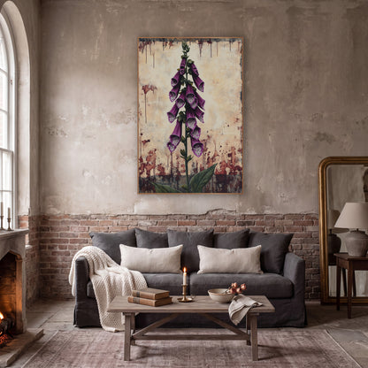 Dripping Foxglove Spire Gothic wall art in a moody dark academia room – tall purple foxglove stem with spotted bell